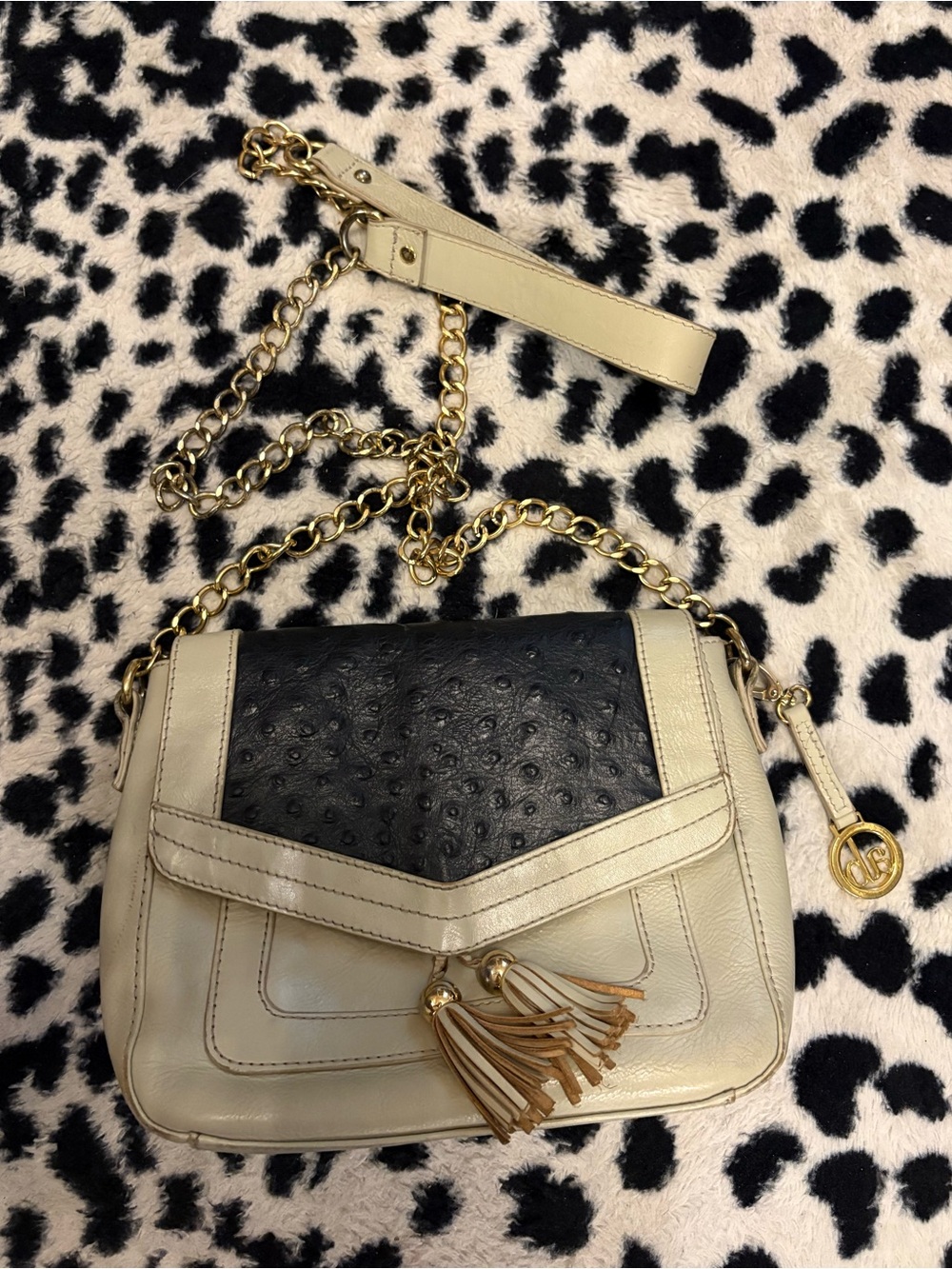 Audrey Brooke Cream and Black Leather Shoulder Bag with Gold Chain